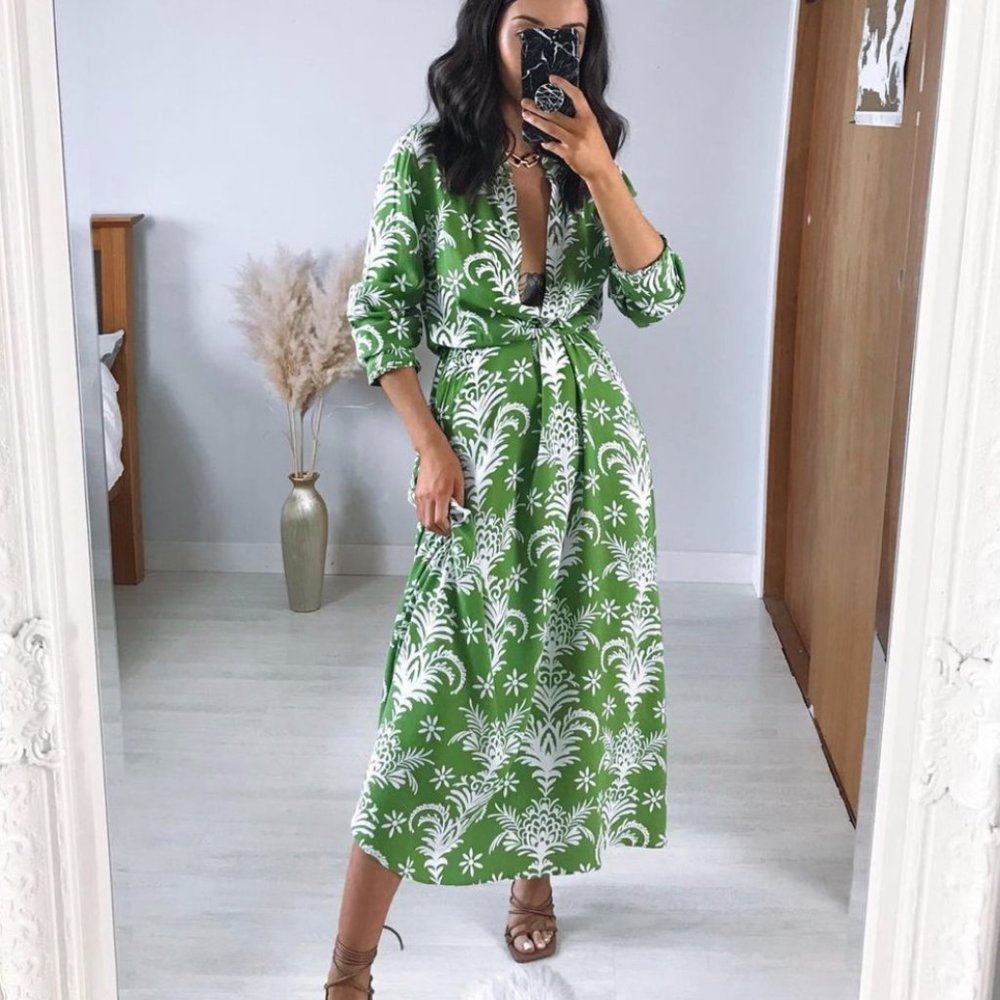NWT_ZARA WOMAN MIDI BELTED PRINTED DRESS FLOWY GREEN | 5216/046